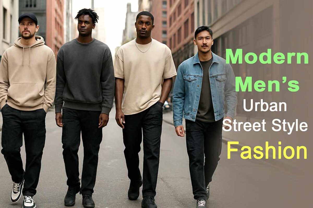 Four stylish men wearing modern urban apparel and walking through a city street in casual street wear outfits.