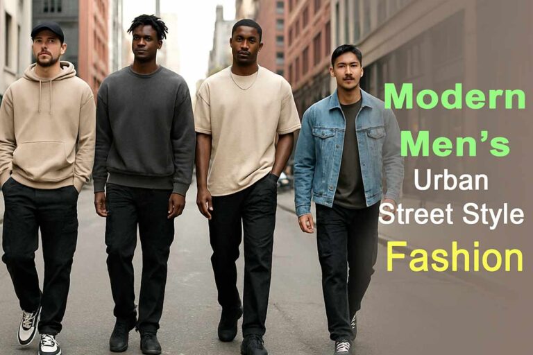 Four stylish men wearing modern urban apparel and walking through a city street in casual street wear outfits.
