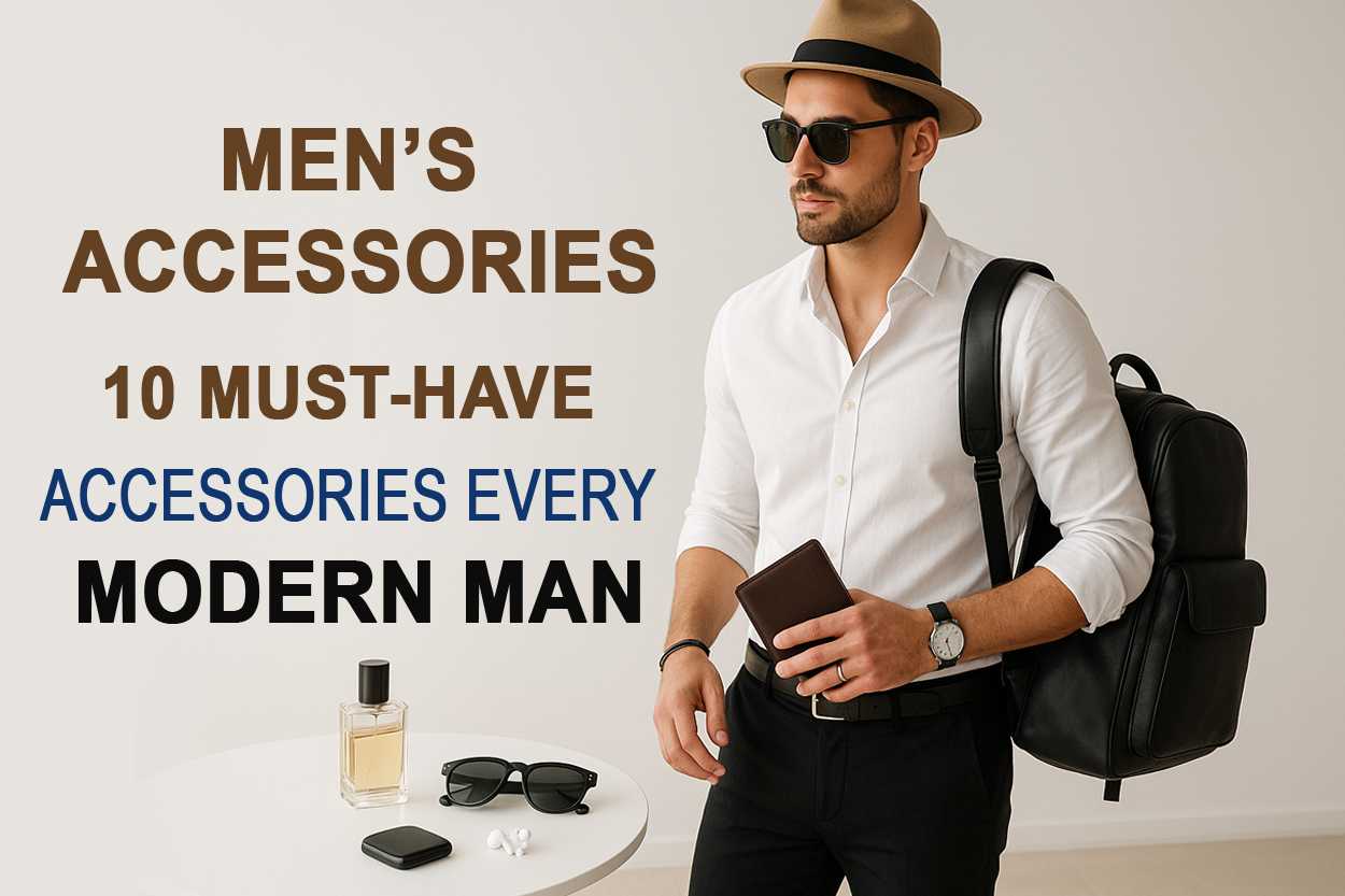 A stylish modern man standing in a bright, clean environment wearing a classic wristwatch, holding a leather wallet, wearing trendy sunglasses, sleek leather belt, polished shoes, neat hat, bracelet and ring, with a leather backpack on one shoulder, signature fragrance bottle on table, and modern tech accessories including wireless earbuds and smartwatch. Minimalist background, soft natural lighting,