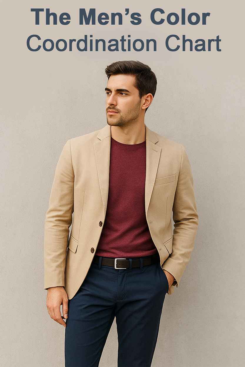A modern example of men’s color coordination — combining beige, burgundy, and navy for a smart, balanced look.