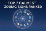 Digital artwork of zodiac wheel under starry sky highlighting Libra, Pisces, Taurus, Cancer, Virgo, Capricorn, and Aquarius – the top 7 calmest zodiac signs ranked.