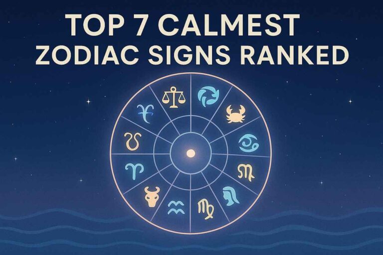 Digital artwork of zodiac wheel under starry sky highlighting Libra, Pisces, Taurus, Cancer, Virgo, Capricorn, and Aquarius – the top 7 calmest zodiac signs ranked.
