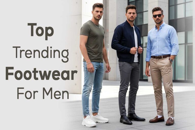 Three stylish men wearing chunky sneakers, sleek Chelsea boots, and classic loafers, standing confidently in a modern city setting.