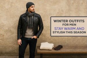 A stylish young man in his mid-20s wearing a black leather jacket layered over a knit sweater, slim dark jeans, brown Chelsea boots, and a grey wool scarf, standing against a rustic urban background. Beside him on a wooden bench are folded winter essentials like a chunky sweater, leather gloves.