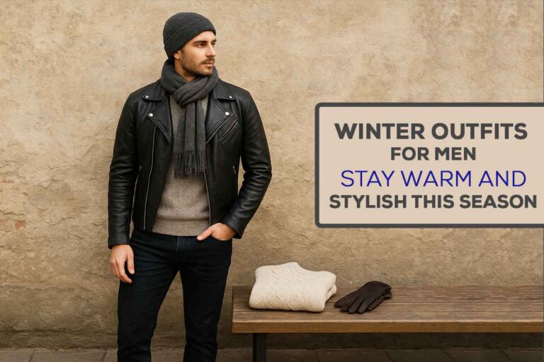 A stylish young man in his mid-20s wearing a black leather jacket layered over a knit sweater, slim dark jeans, brown Chelsea boots, and a grey wool scarf, standing against a rustic urban background. Beside him on a wooden bench are folded winter essentials like a chunky sweater, leather gloves.