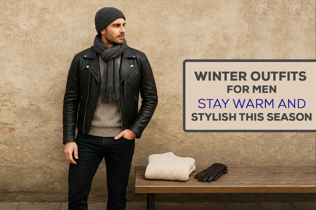 A stylish young man in his mid-20s wearing a black leather jacket layered over a knit sweater, slim dark jeans, brown Chelsea boots, and a grey wool scarf, standing against a rustic urban background. Beside him on a wooden bench are folded winter essentials like a chunky sweater, leather gloves.