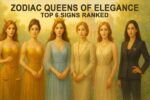 Pastel and gold digital artwork of six elegant women symbolizing zodiac signs—Libra with golden scales, Leo with a crown, Pisces in a dreamy gown, Virgo in neat attire, Taurus with luxury details, and Capricorn in a power suit - standing in a royal palace garden with a soft golden glow.