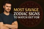A confident young man with folded arms stands beside a glowing zodiac wheel featuring astrological symbols. The bold headline reads “Most Savage Zodiac Signs to Watch Out For” on a dark textured background, symbolizing astrology and strong zodiac personalities.