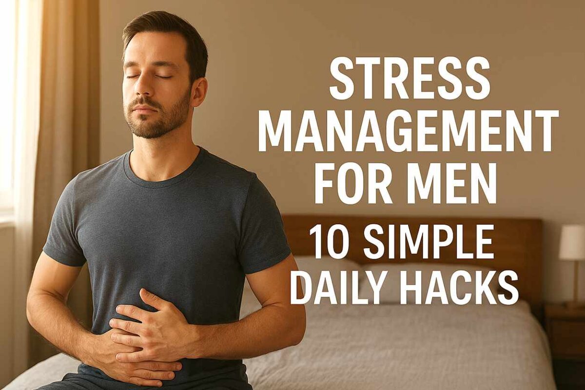 A calm young man sitting in a sunlit bedroom practicing deep breathing for stress relief and mental wellness, promoting stress management for men through daily habits.