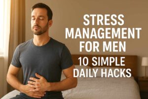 A calm young man sitting in a sunlit bedroom practicing deep breathing for stress relief and mental wellness, promoting stress management for men through daily habits.