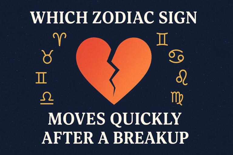 Zodiac signs moving on after a breakup — a broken heart surrounded by twelve zodiac symbols under a starry night sky.