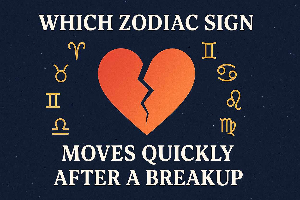 Zodiac signs moving on after a breakup — a broken heart surrounded by twelve zodiac symbols under a starry night sky.