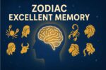 Digital illustration of zodiac excellent memory showing a glowing human brain surrounded by twelve zodiac signs under a starry night sky, symbolizing intelligence, intuition, and strong memory of zodiac signs.