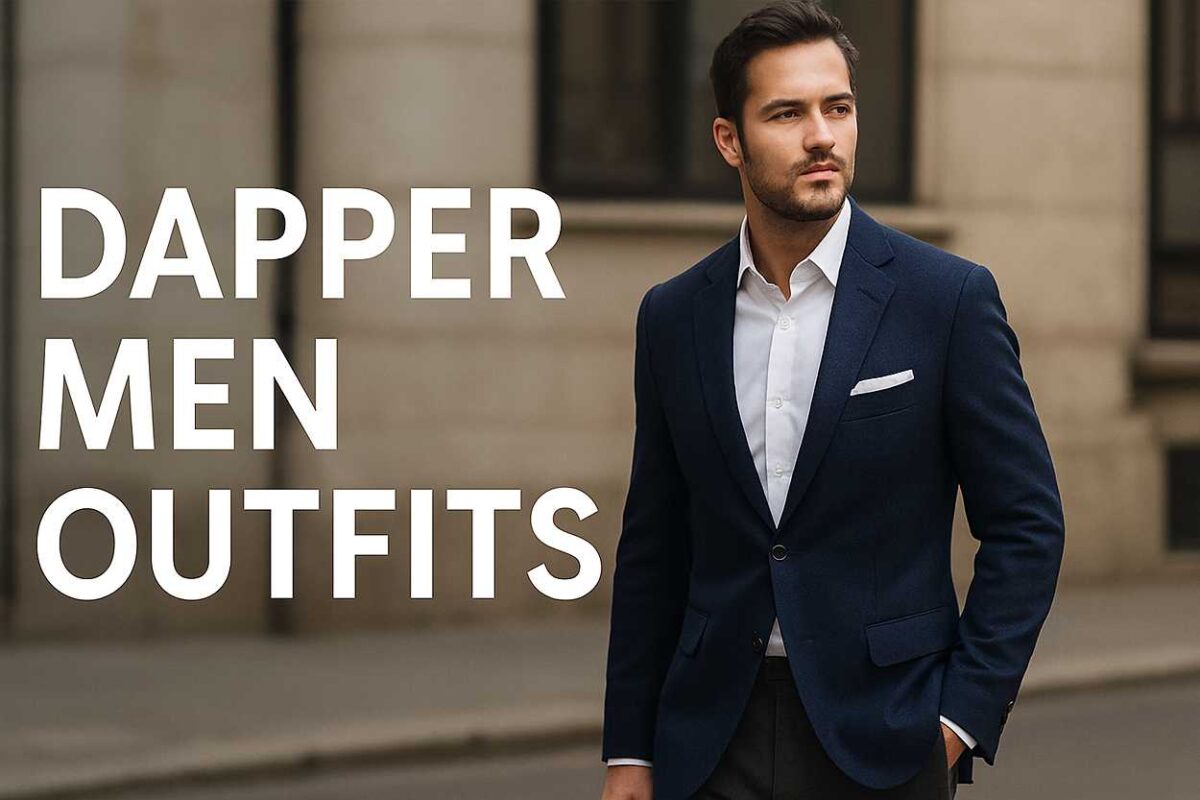 Stylish man wearing navy blazer and white shirt walking confidently in city street, representing dapper men outfits and modern fashion style.
