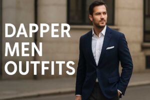 Stylish man wearing navy blazer and white shirt walking confidently in city street, representing dapper men outfits and modern fashion style.