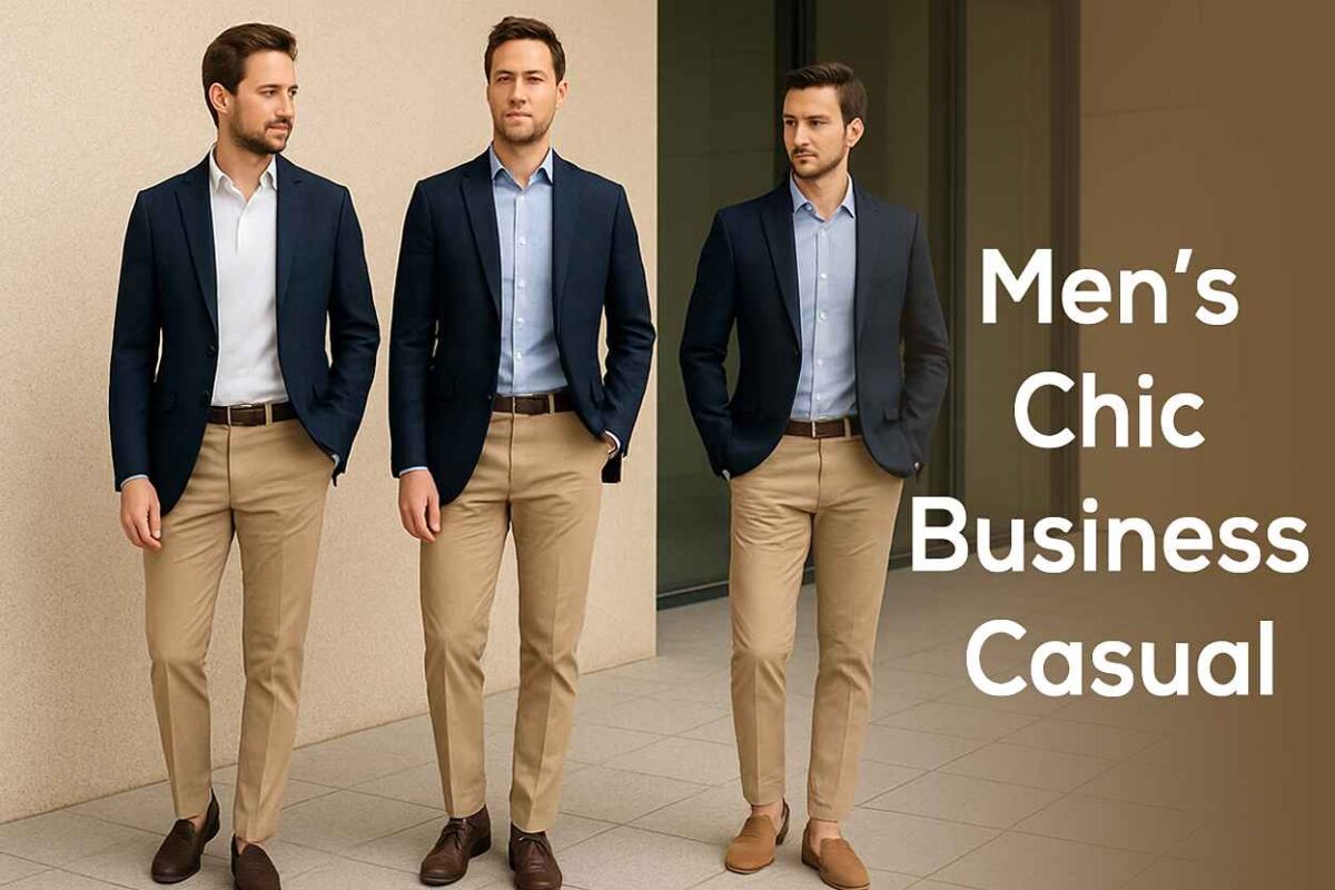 Men’s chic business casual outfit with navy blazer and beige chinos