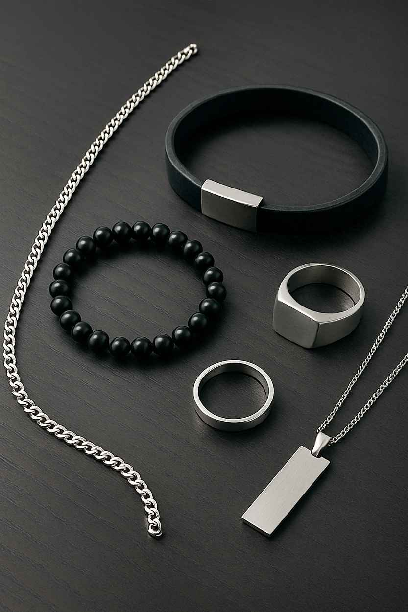 Close-up flat lay of men’s jewelry on a dark wooden background featuring a silver chain, leather bracelet, black beaded bracelet, stainless steel rings, signet ring, and minimalist pendant with soft shadows and a modern masculine look.
