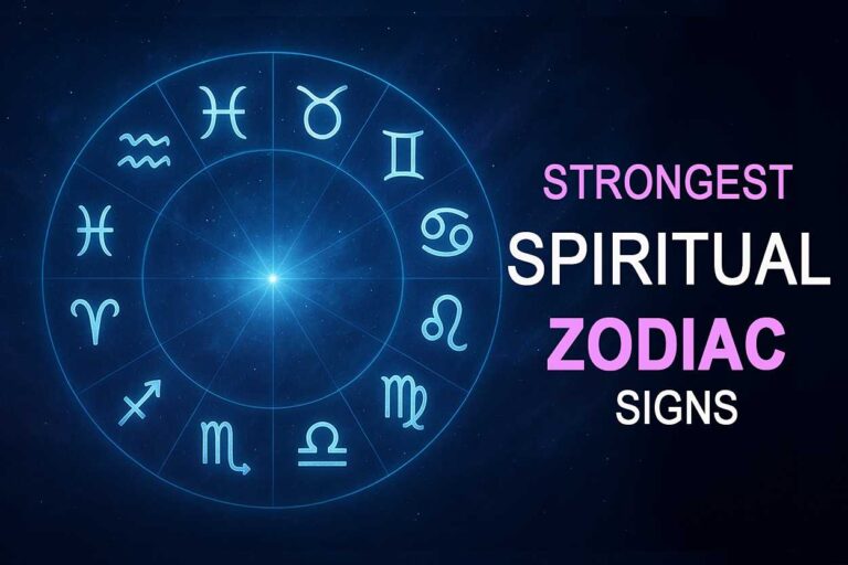 A glowing celestial zodiac wheel on the left side with all twelve zodiac symbols, set against a dark cosmic background, designed for a blog about the strongest spiritual zodiac signs.