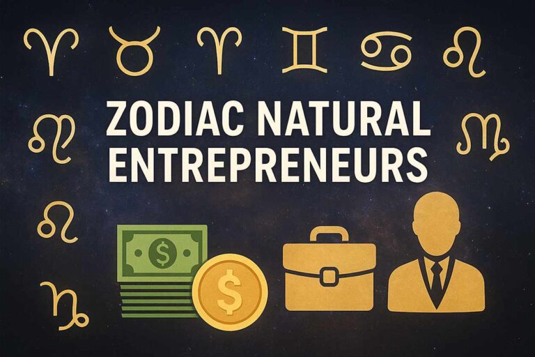 Zodiac signs as natural entrepreneurs with business energy symbols.