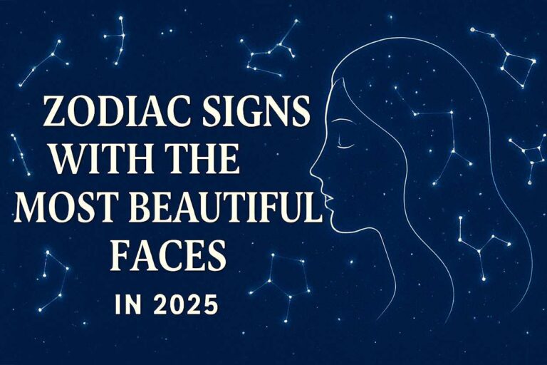 Starry night illustration of a woman’s face outlined by zodiac constellations symbolizing zodiac most beautiful face signs in 2025.