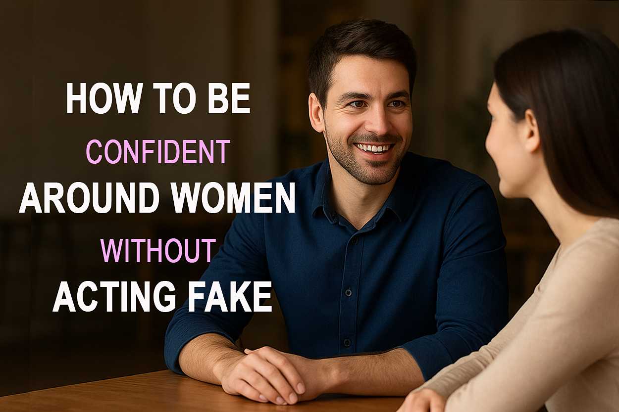 A confident young man smiling while having a relaxed conversation with a woman in a cozy café setting, representing how to be confident around women naturally.