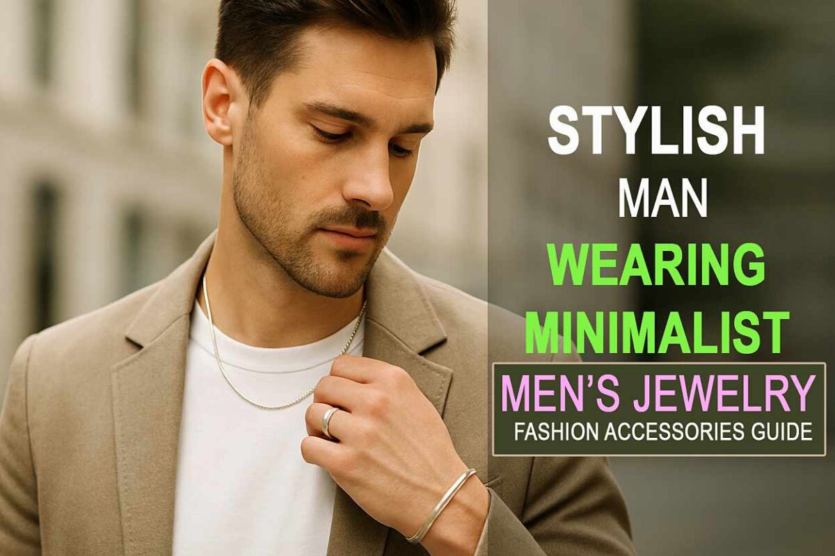 A stylish American man wearing minimalist men’s jewelry, including a thin silver chain, bracelet, and ring, posing outdoors in a modern urban setting.