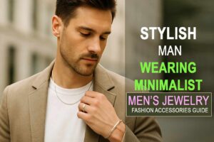 A stylish American man wearing minimalist men’s jewelry, including a thin silver chain, bracelet, and ring, posing outdoors in a modern urban setting.