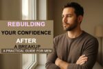 A calm, thoughtful man standing by a window in warm natural light, looking reflective in a modern indoor room, symbolizing rebuilding confidence after a breakup.