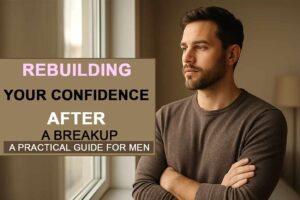 A calm, thoughtful man standing by a window in warm natural light, looking reflective in a modern indoor room, symbolizing rebuilding confidence after a breakup.