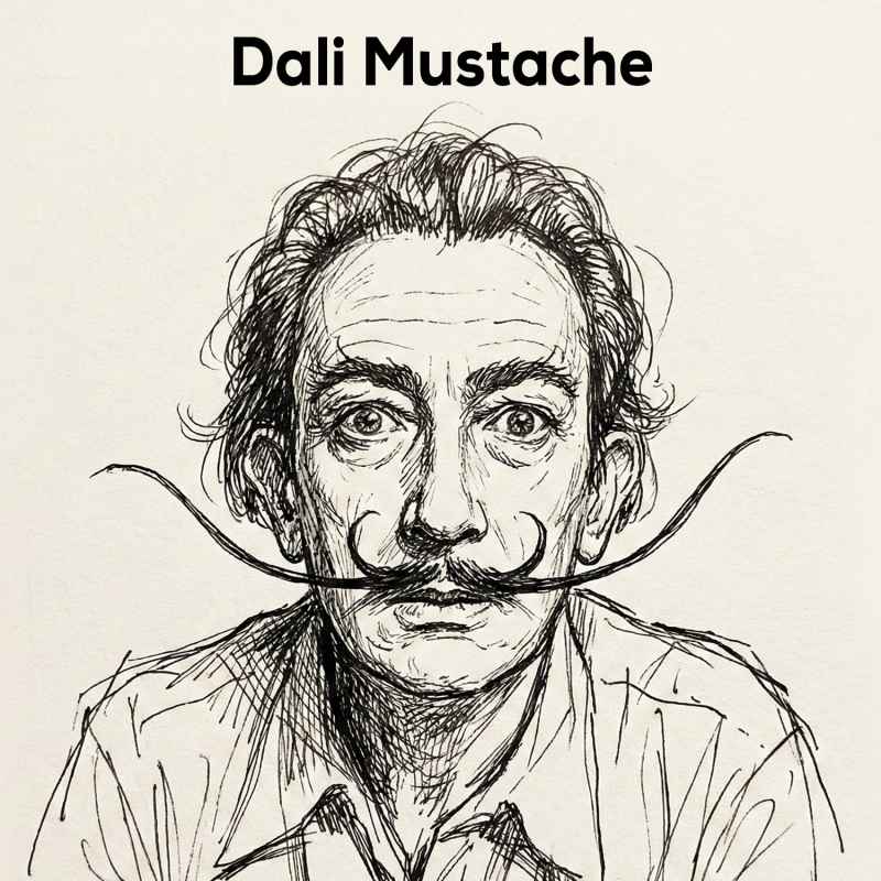 Dali mustache sketch with thin and sharply curled tips