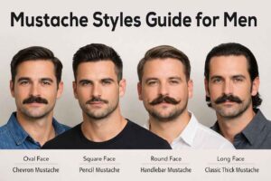 Mustache styles guide showing classic, vintage, and modern mustache types for different male face shapes