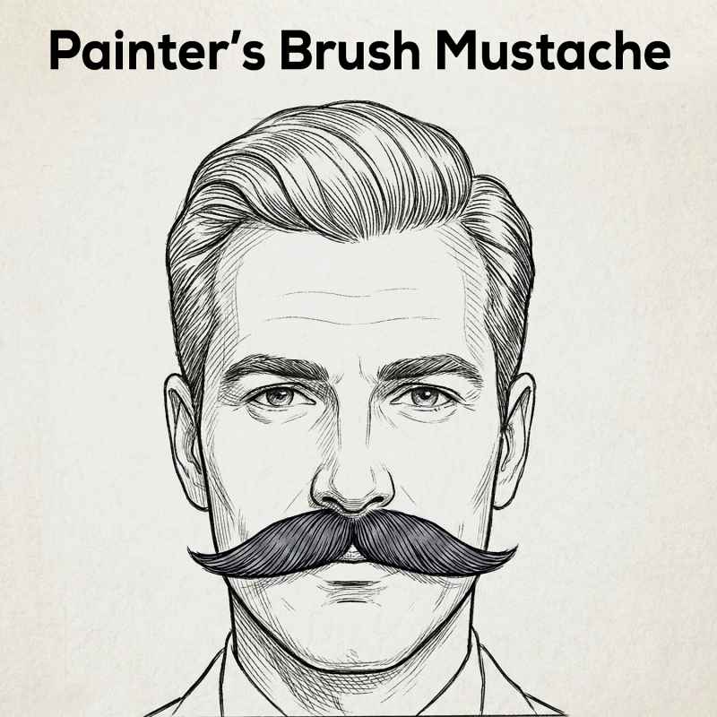 Painter’s brush mustache outline with full width and dense hair.