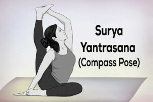 Yoga practitioner demonstrating Compass Pose (Surya Yantrasana) with a lifted leg, deep side stretch, and proper hip opening.