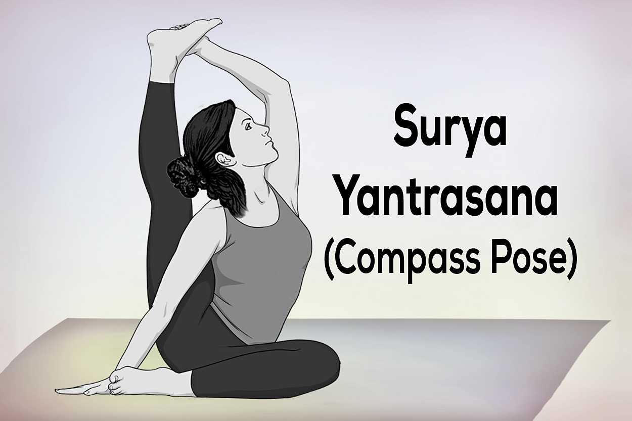 Yoga practitioner demonstrating Compass Pose (Surya Yantrasana) with a lifted leg, deep side stretch, and proper hip opening.