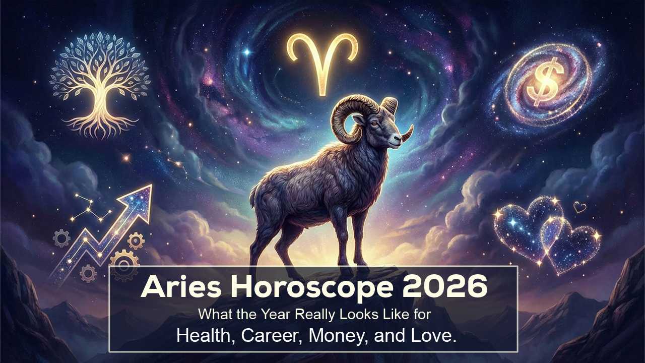 Aries 2026 horoscope illustration showing a powerful ram under a glowing night sky with zodiac symbol and symbols of health, career, money, and love.