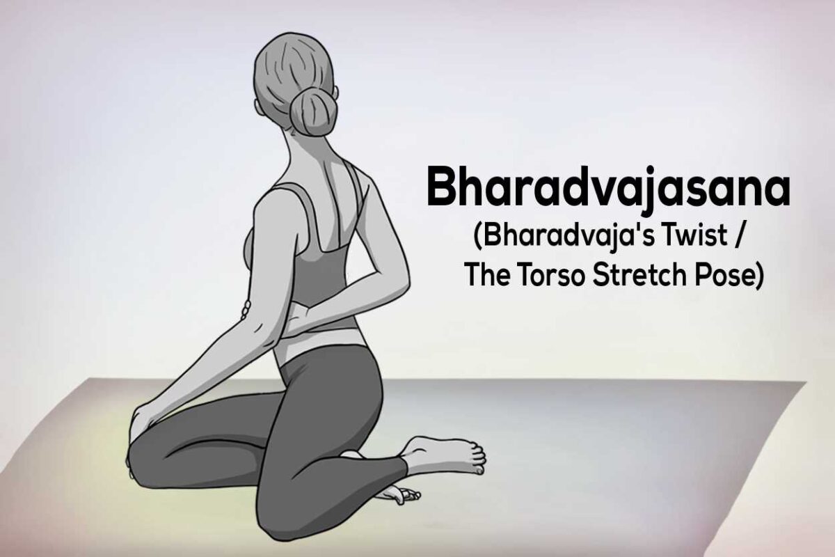 this drawing a person practicing Bharadvajasana seated twist with upright posture and legs folded to one side.