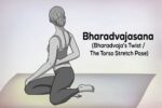 this drawing a person practicing Bharadvajasana seated twist with upright posture and legs folded to one side.
