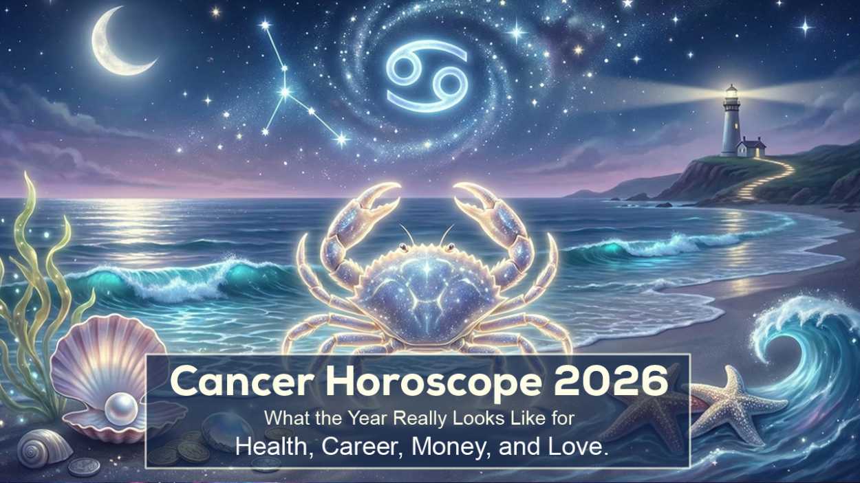 Mystical Cancer zodiac artwork showing a glowing crab by the ocean under constellations, symbolizing health, career, money, and love.