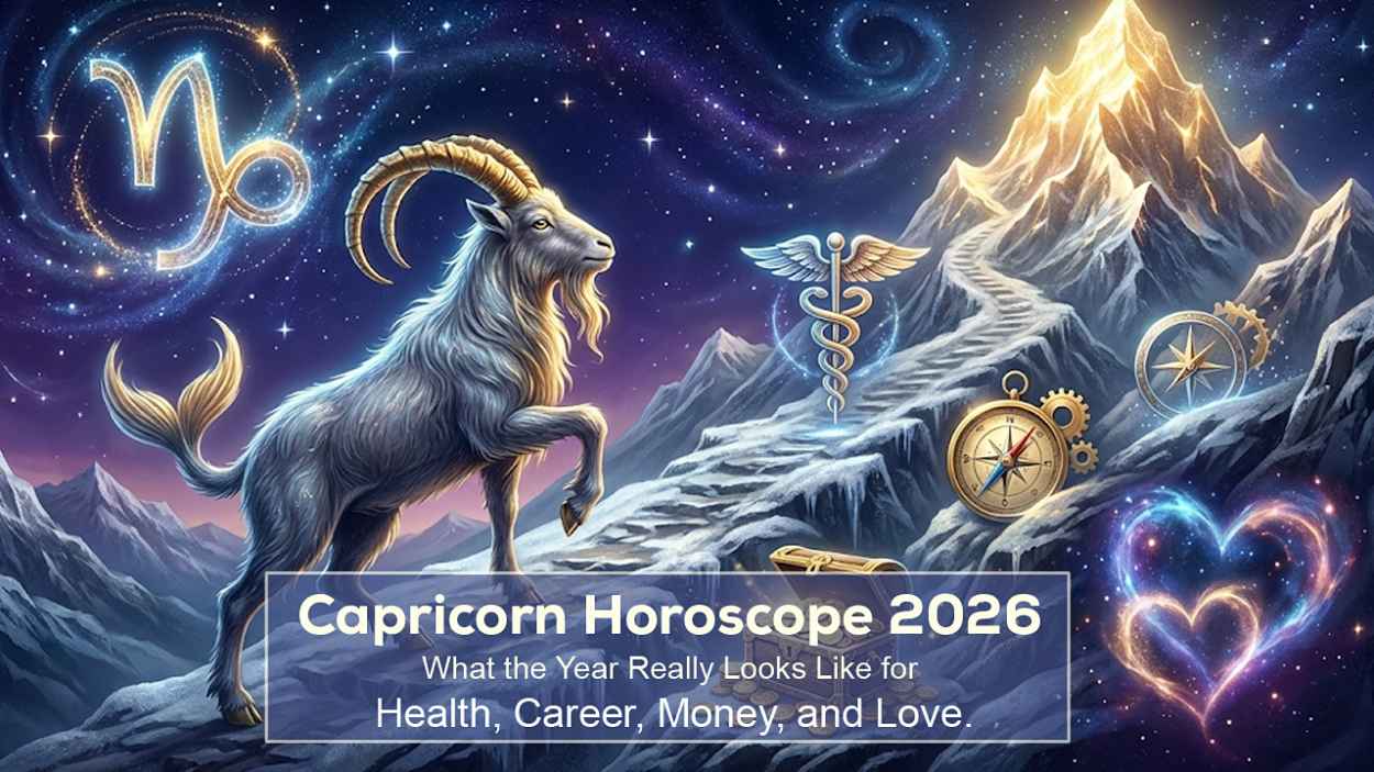 Mystical Capricorn goat climbing a glowing mountain under the stars, with the Capricorn zodiac symbol and subtle icons for health, career, money, and love,