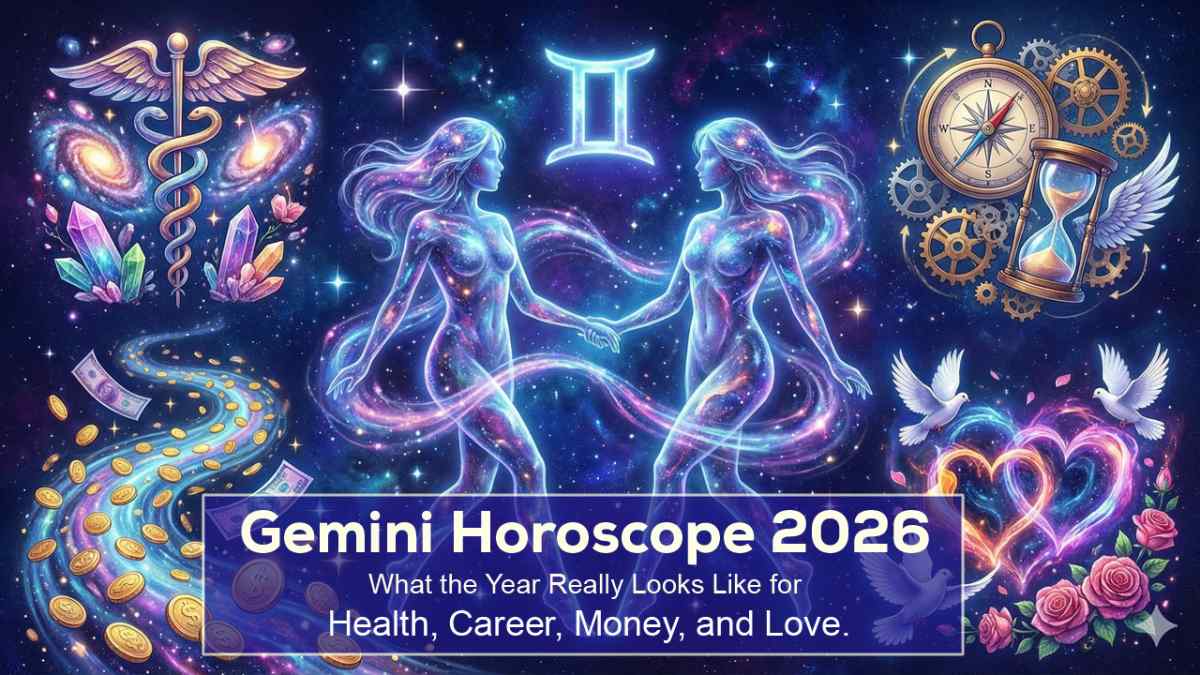 Illustration of Gemini Horoscope 2026 showing celestial twins, zodiac symbol, and symbols of health, career, money, and love in a mystical night sky.