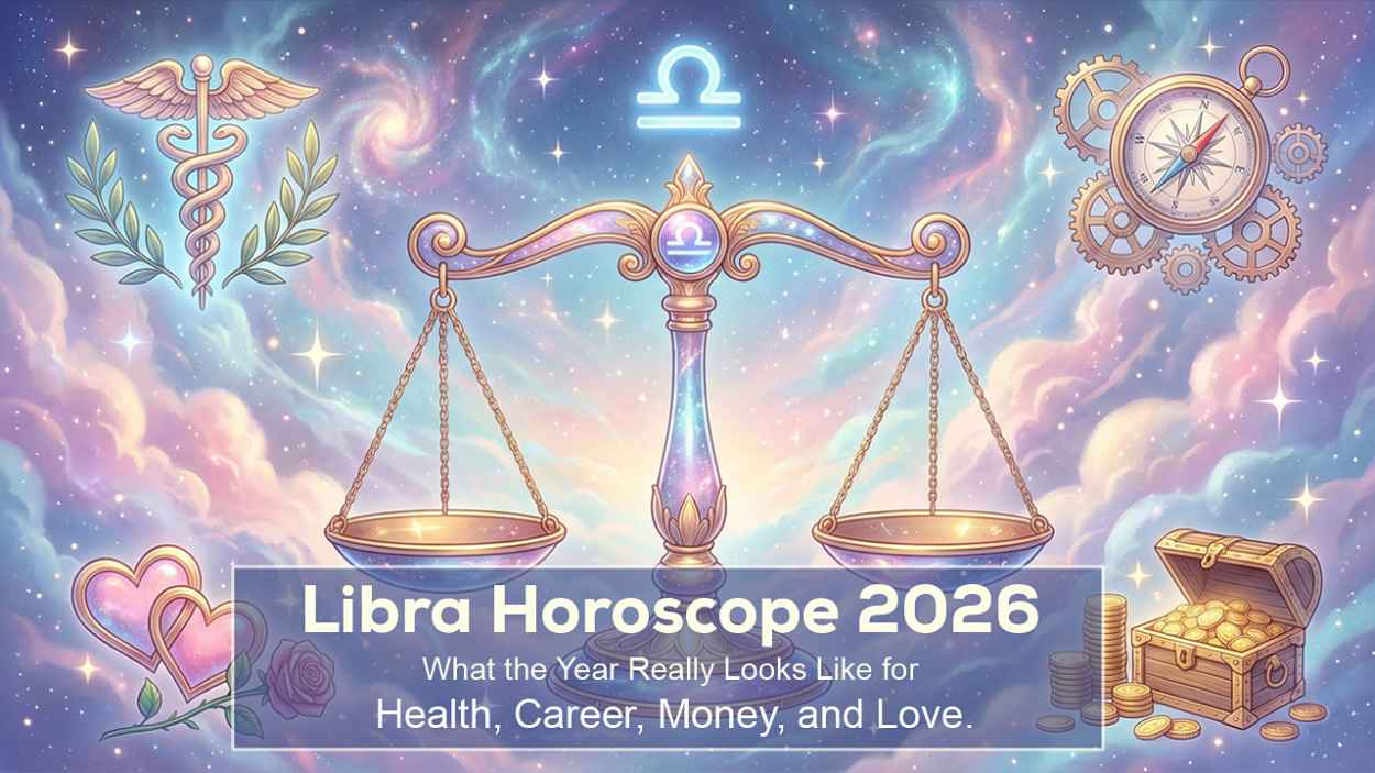 Libra 2026 horoscope illustration showing celestial scales in a cosmic sky with zodiac symbol, symbolizing health, career, money, and love.