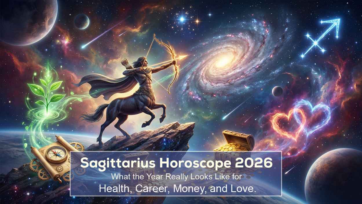Sagittarius horoscope 2026 illustration showing an archer aiming toward the stars with the Sagittarius zodiac symbol, cosmic background, and symbolic elements for health, career, money, and love.