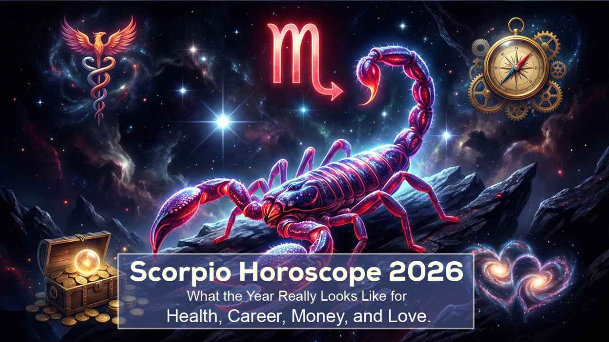 Illustration of glowing Scorpio zodiac sign in a cosmic night sky, showing themes of health, career, money, and love for Scorpio Horoscope 2026.