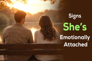 A man and woman sitting quietly on a park bench at sunset, showing subtle signs of emotional attachment without physical touch.