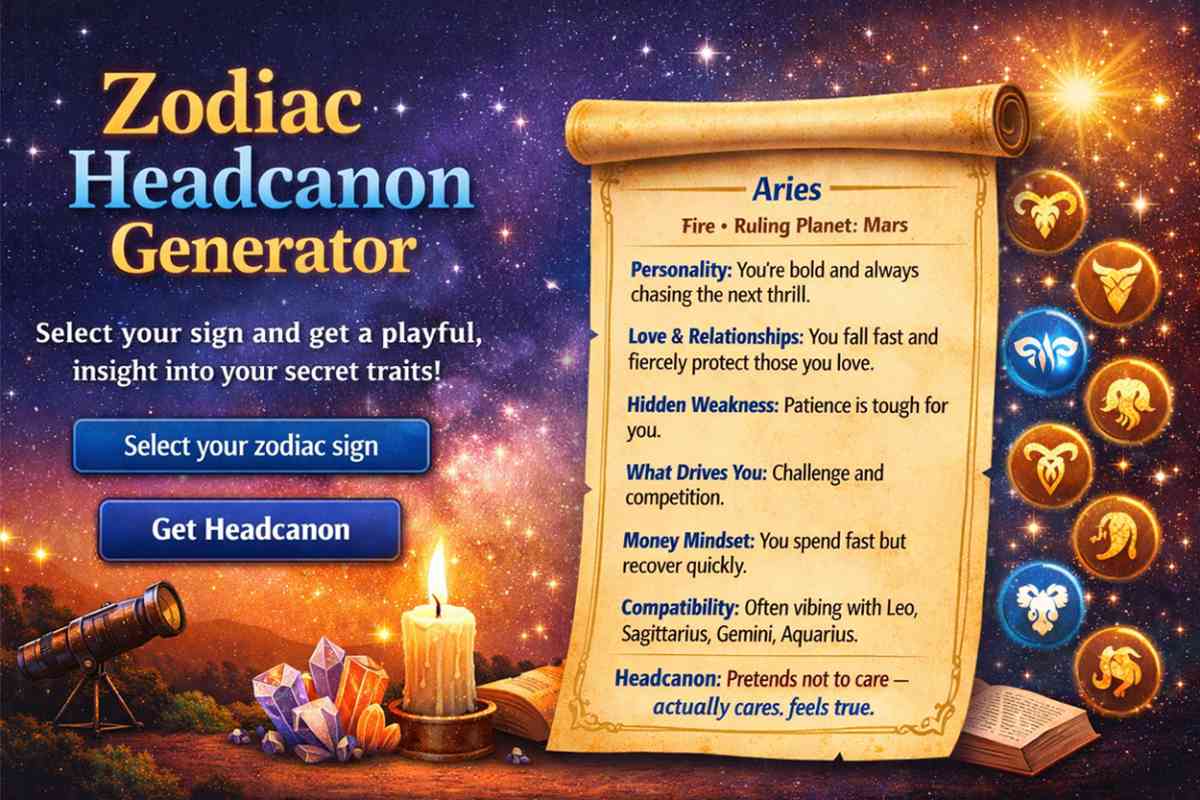 Zodiac Headcanon Generator tool interface with glowing zodiac icons, celestial background, and playful personality insights for Aries sign.