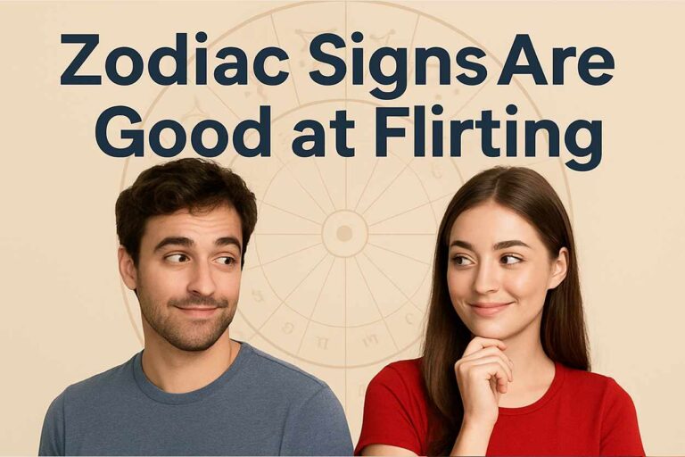 Male and female flirting with zodiac signs circle background showing which zodiac signs are good at flirting
