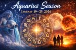 Aquarius season illustration showing zodiac wheel, moon phases, and astrology energy from January 19 to 25, 2026