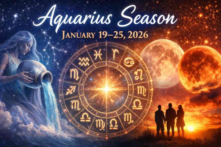 Aquarius season illustration showing zodiac wheel, moon phases, and astrology energy from January 19 to 25, 2026