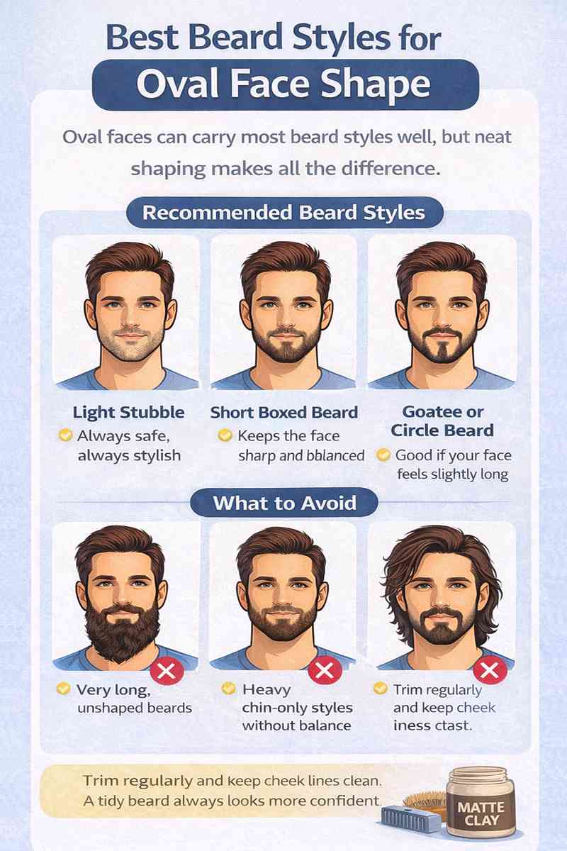 Best beard styles for oval face shape men including light stubble, short boxed beard, and goatee with styles to avoid.