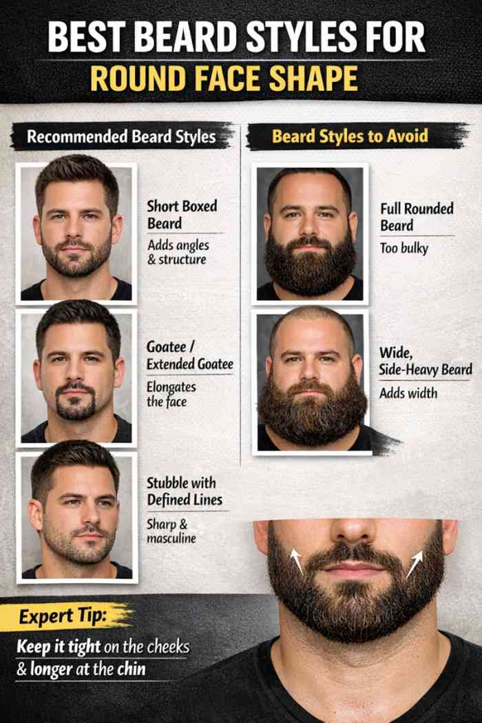Best beard styles for round face shape men showing short boxed beard, goatee, defined stubble, and beard styles to avoid